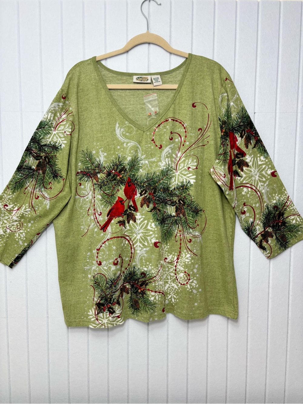 Collections Etc‎ Winter Cardinal Birds Cotton Blouse  Christmas Size XXL